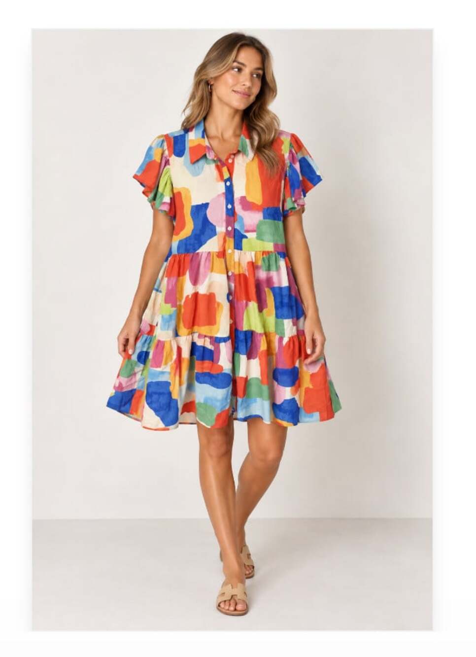 Flying Tomato Shirt Dress Womens Large Multicolor Colorblock Puff Sleeve Short